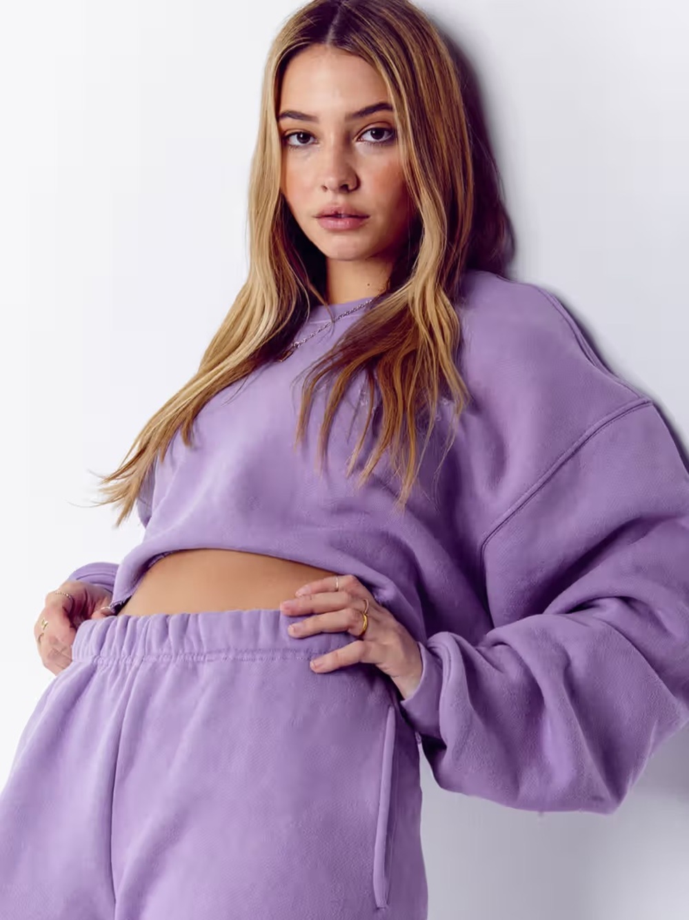 Set Active x Madelyn Cline Purple Cropped Sweatshirt S Raw Hem Cotton Cozy Top‎